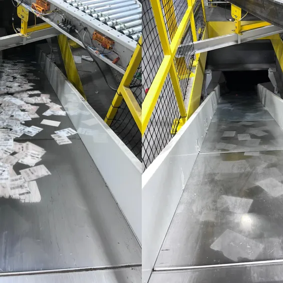 Before and after dry ice blasting conveyer belts at Ottawa packaging company